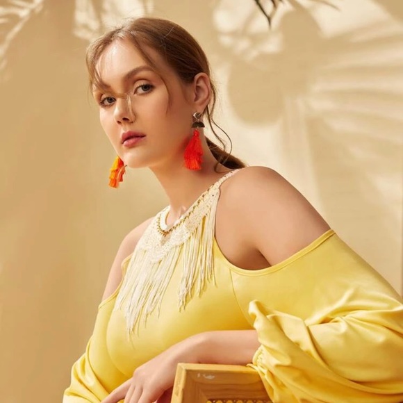 Orange and Gold Tassel Earrings - Picture 4 of 5